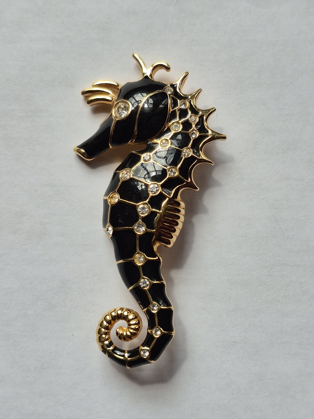Vintage Signed SAL Swarovski Gold and Black Enamel Seahorse Brooch